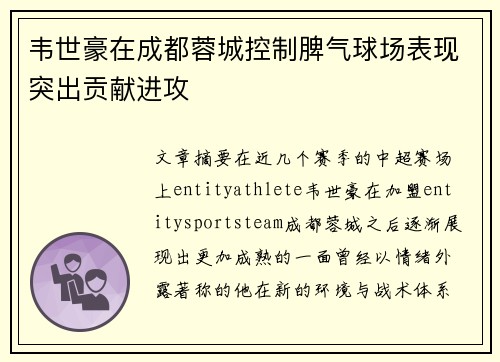 韦世豪在成都蓉城控制脾气球场表现突出贡献进攻