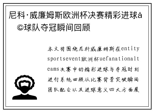 尼科·威廉姆斯欧洲杯决赛精彩进球助球队夺冠瞬间回顾
